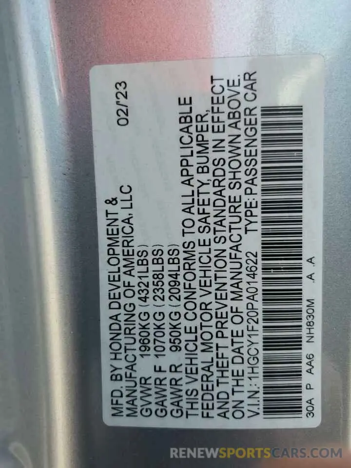 12 Фотография поврежденного автомобиля 1HGCY1F20PA014622 HONDA ACCORD 2023