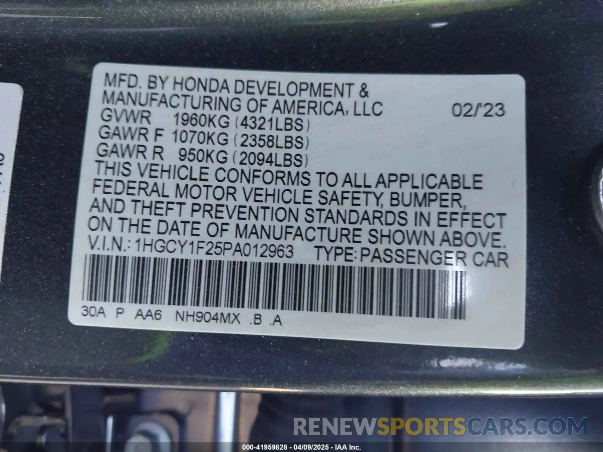 9 Photograph of a damaged car 1HGCY1F25PA012963 HONDA ACCORD 2023