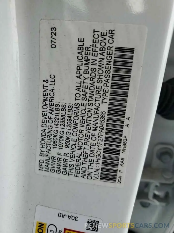 12 Фотография поврежденного автомобиля 1HGCY1F27PA045365 HONDA ACCORD 2023