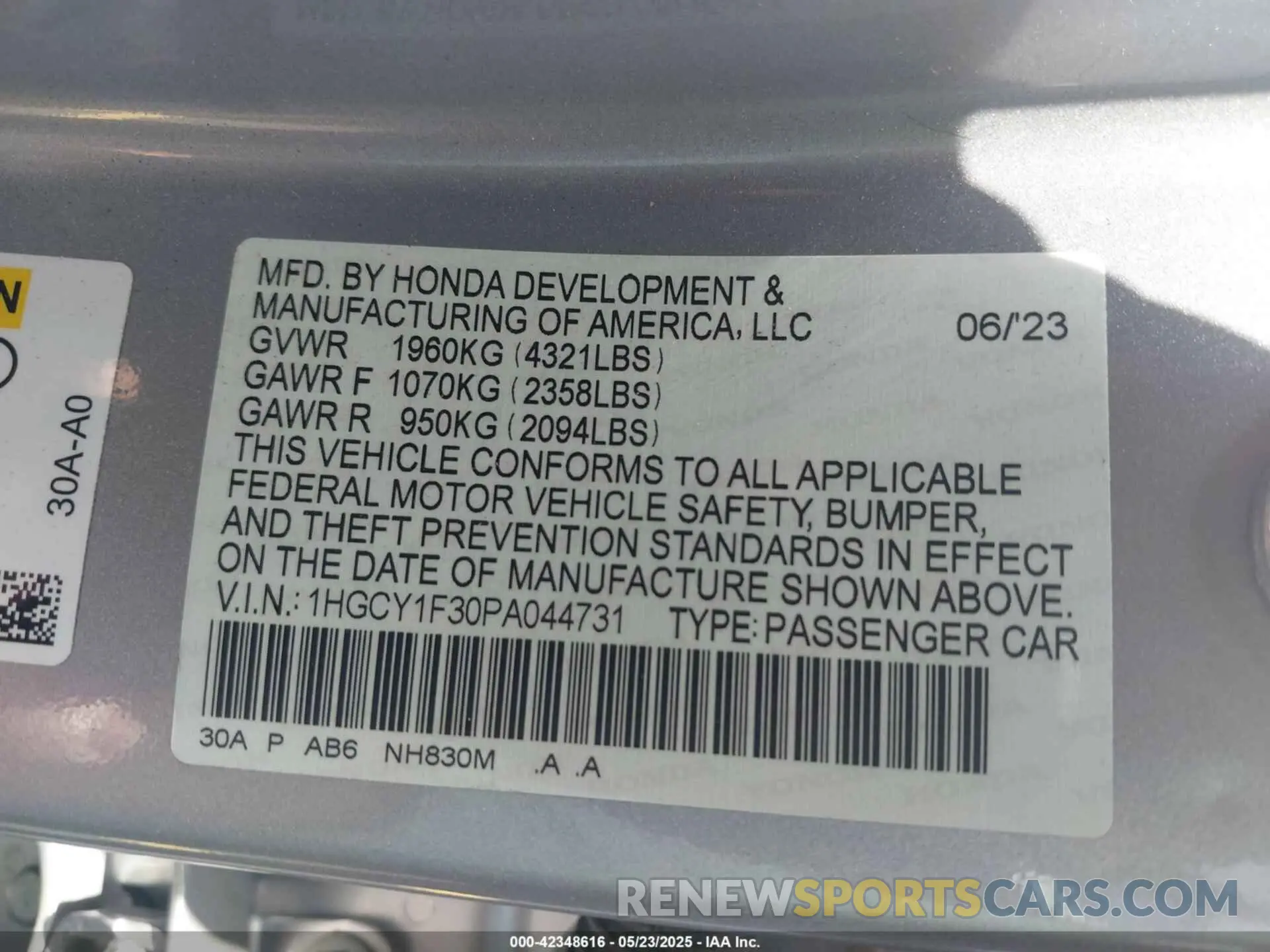 9 Фотография поврежденного автомобиля 1HGCY1F30PA044731 HONDA ACCORD 2023