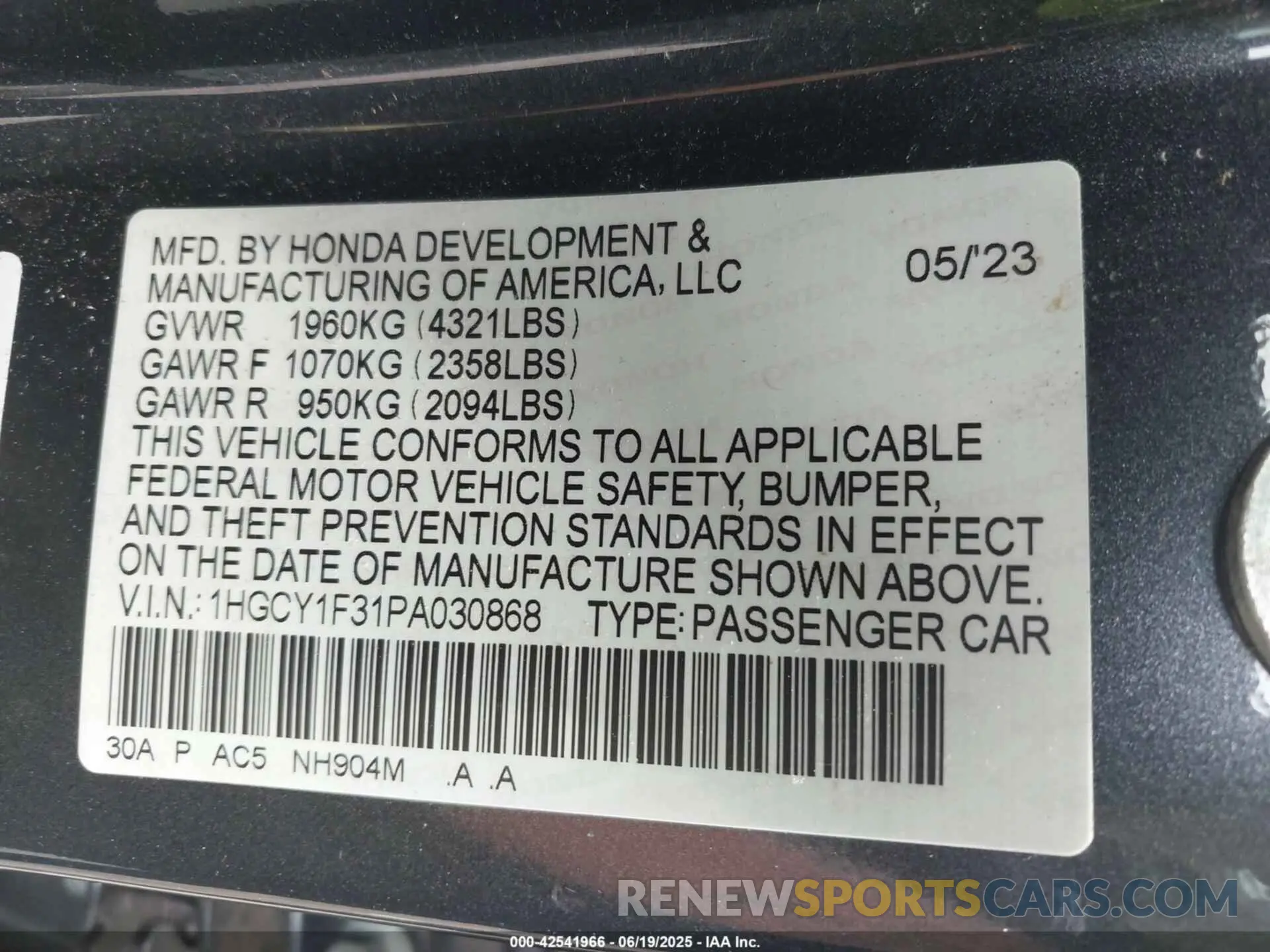 9 Photograph of a damaged car 1HGCY1F31PA030868 HONDA ACCORD 2023