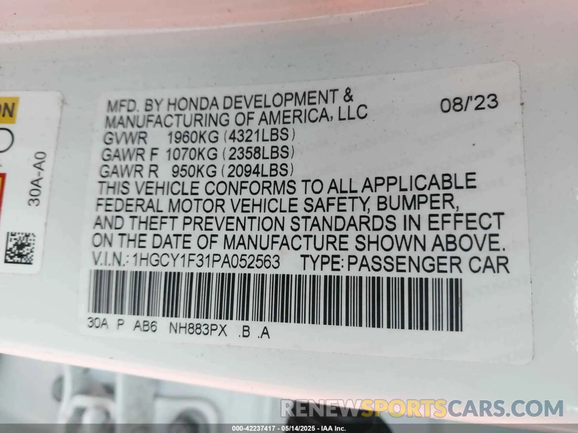 9 Photograph of a damaged car 1HGCY1F31PA052563 HONDA ACCORD 2023