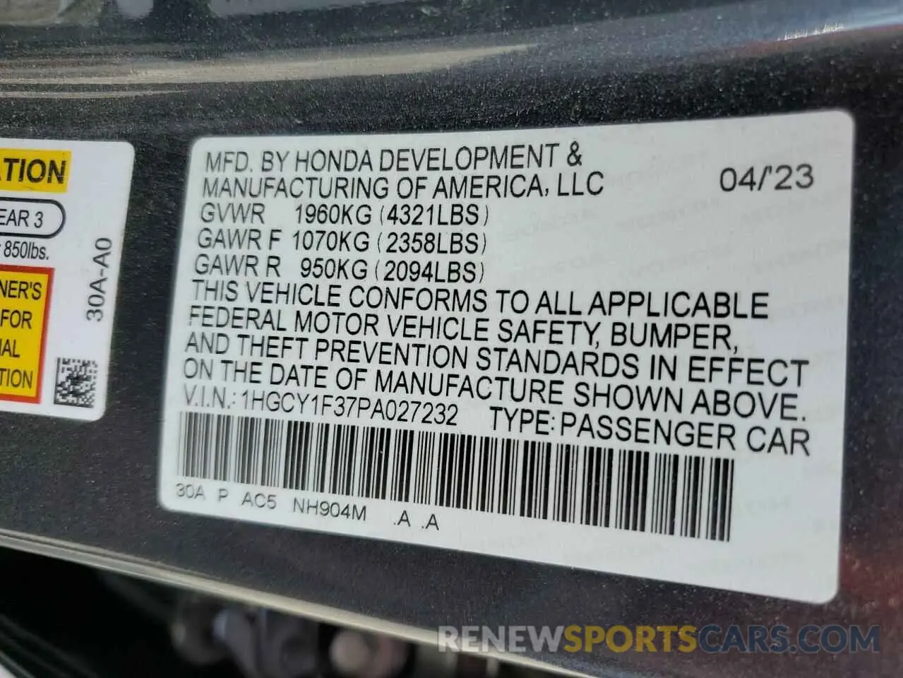 12 Photograph of a damaged car 1HGCY1F37PA027232 HONDA ACCORD 2023