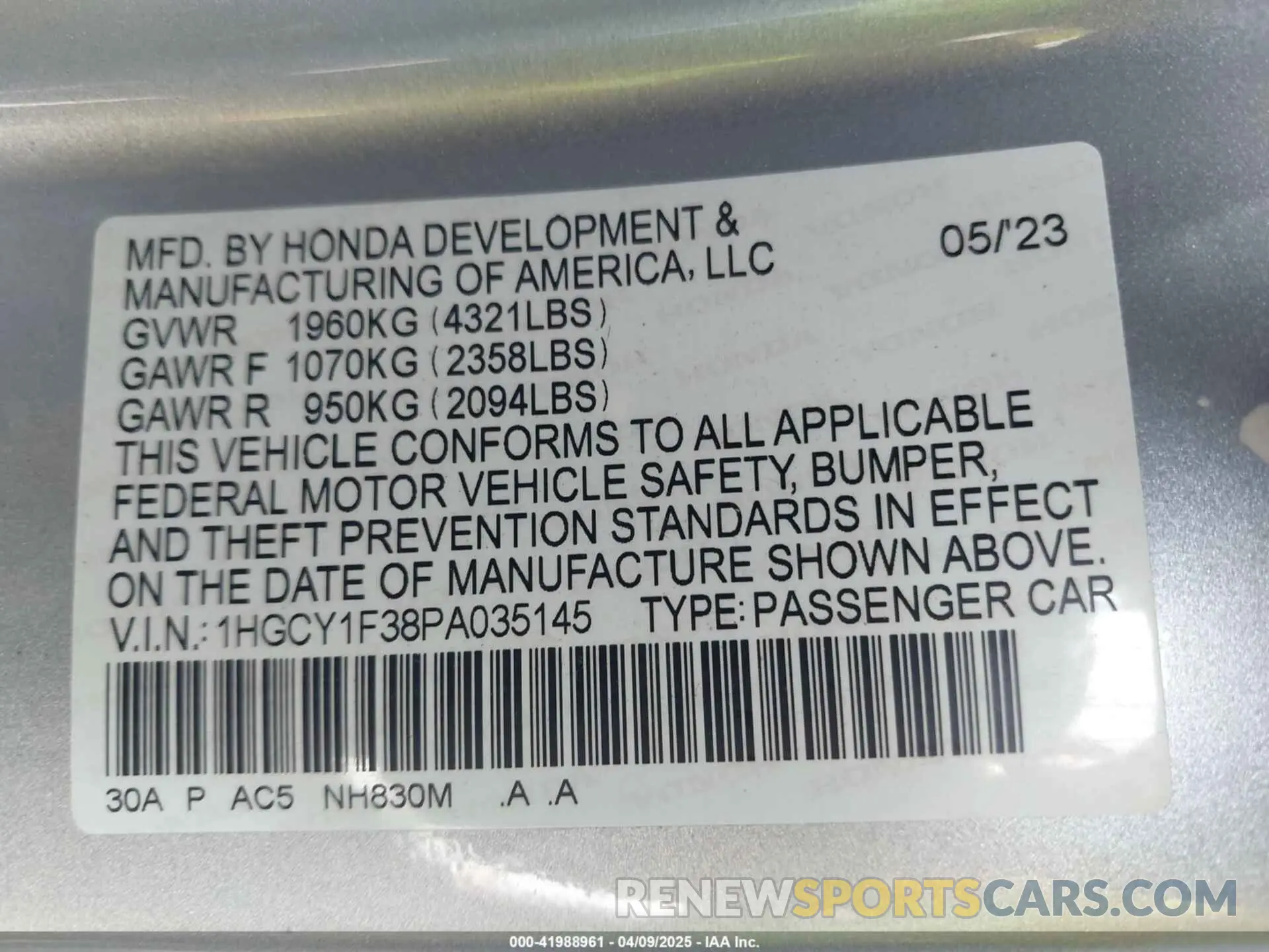 9 Фотография поврежденного автомобиля 1HGCY1F38PA035145 HONDA ACCORD 2023