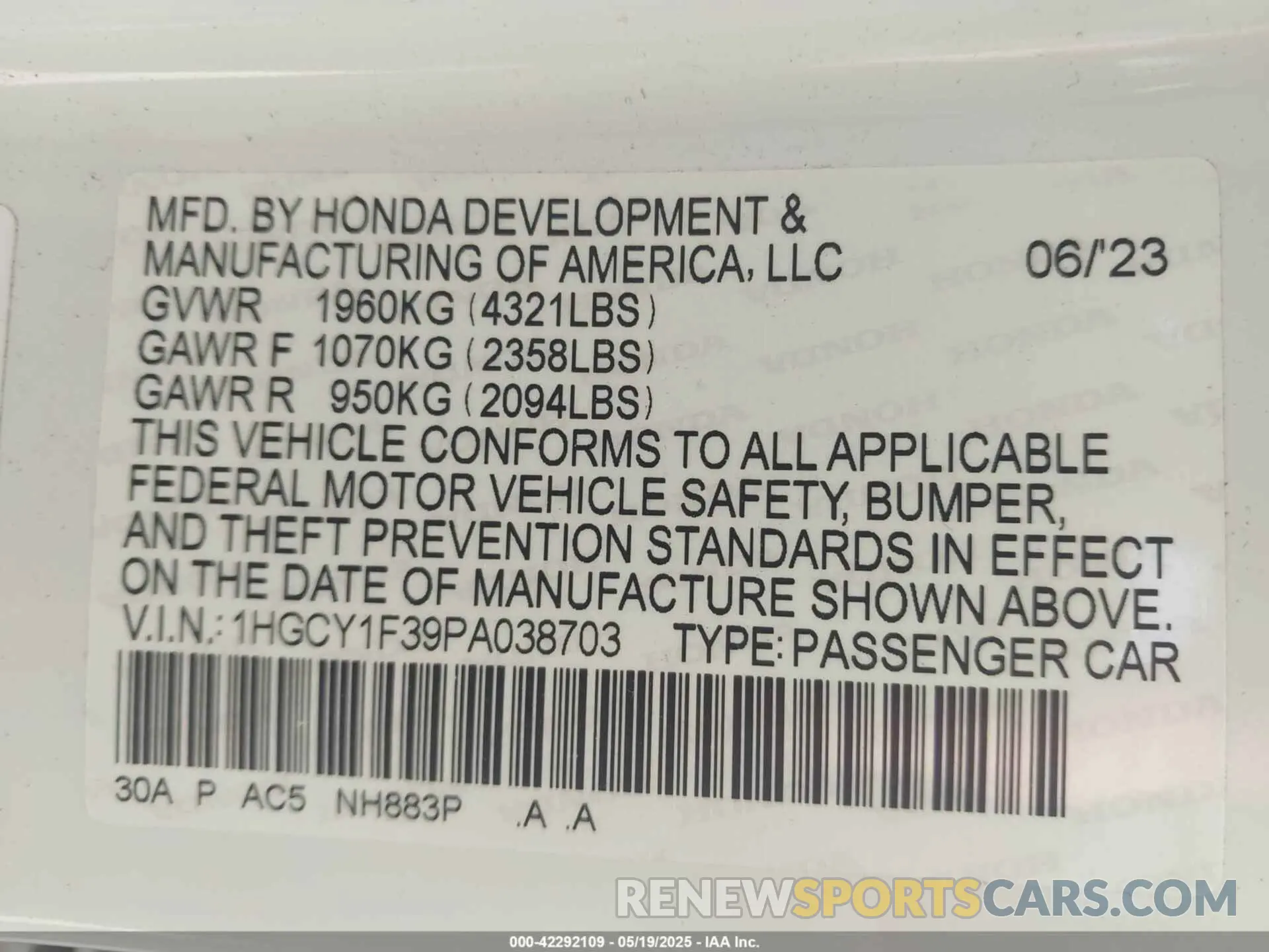 9 Photograph of a damaged car 1HGCY1F39PA038703 HONDA ACCORD 2023
