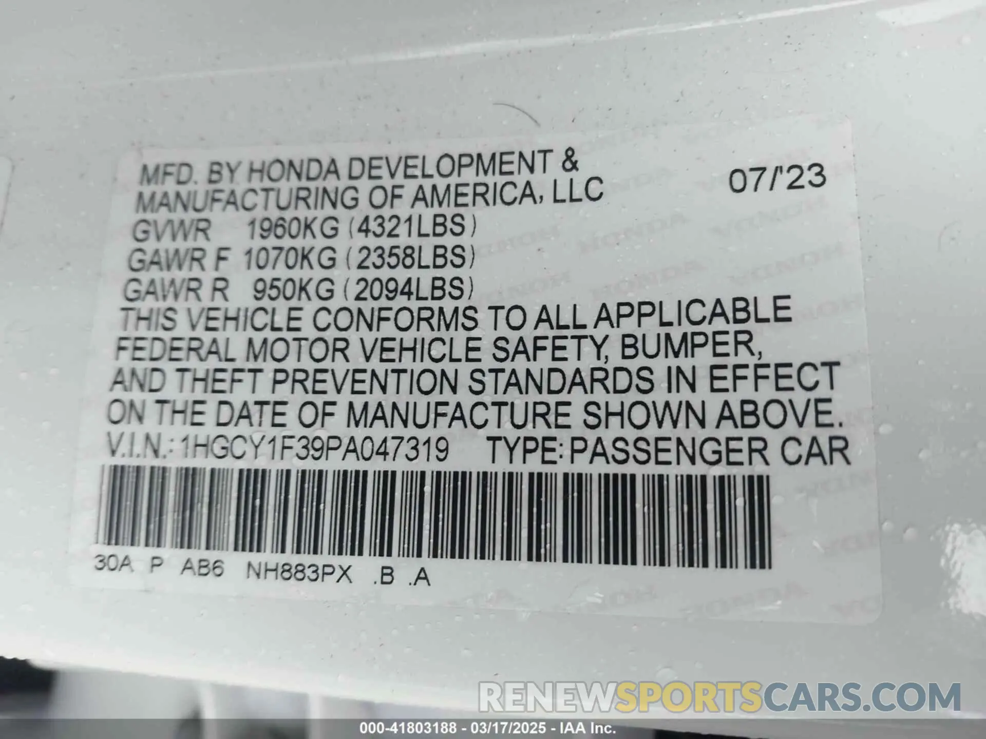 9 Photograph of a damaged car 1HGCY1F39PA047319 HONDA ACCORD 2023