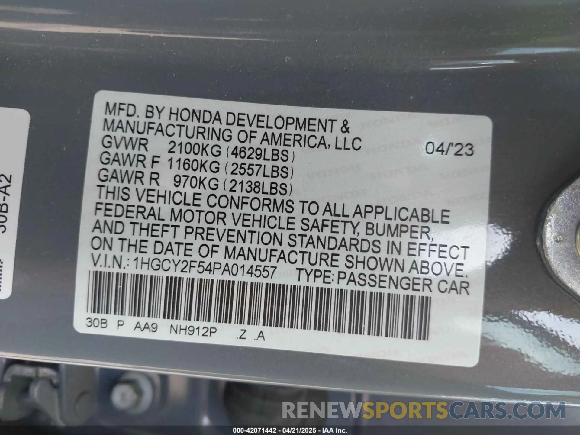 9 Photograph of a damaged car 1HGCY2F54PA014557 HONDA ACCORD 2023