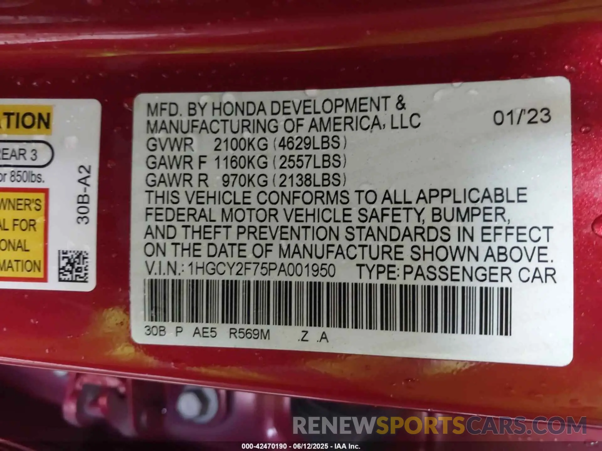 9 Photograph of a damaged car 1HGCY2F75PA001950 HONDA ACCORD 2023