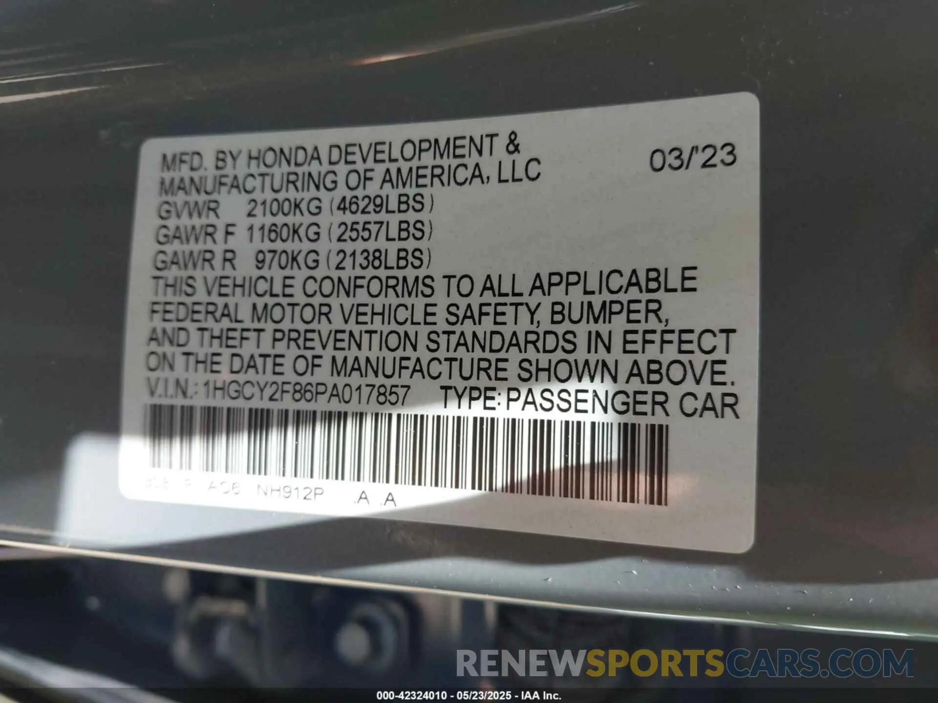 9 Photograph of a damaged car 1HGCY2F86PA017857 HONDA ACCORD 2023