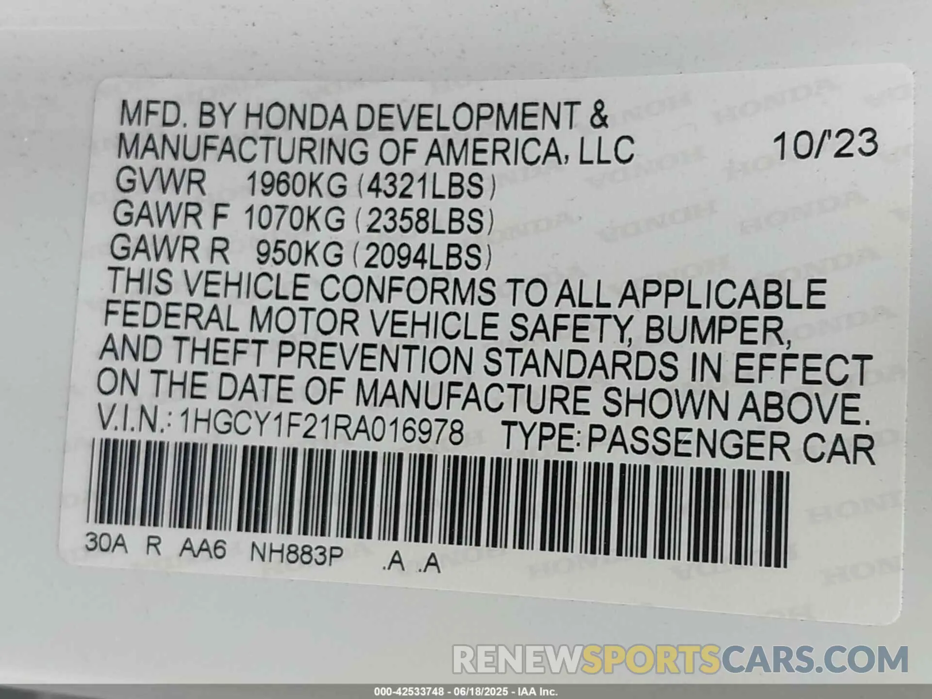 9 Photograph of a damaged car 1HGCY1F21RA016978 HONDA ACCORD 2024