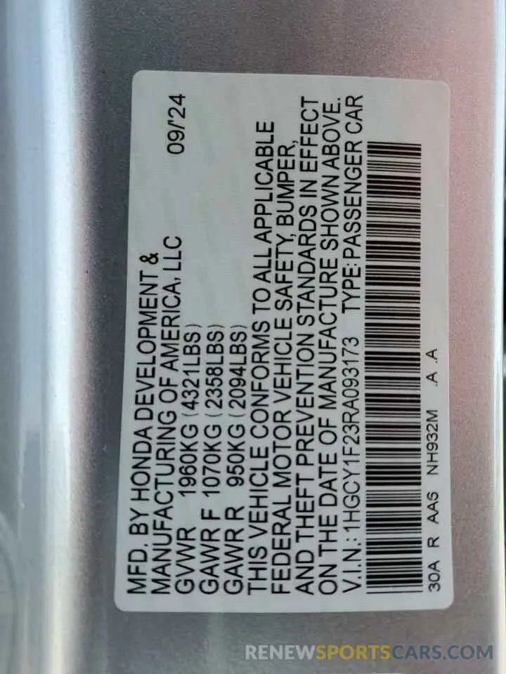 13 Фотография поврежденного автомобиля 1HGCY1F23RA093173 HONDA ACCORD 2024