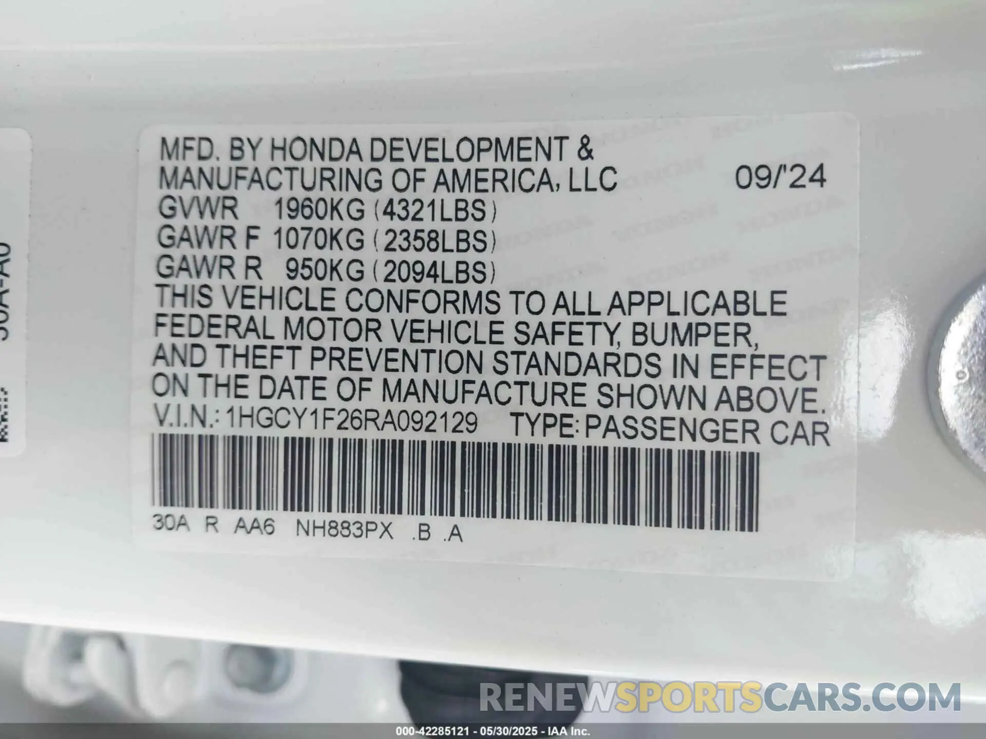 9 Photograph of a damaged car 1HGCY1F26RA092129 HONDA ACCORD 2024