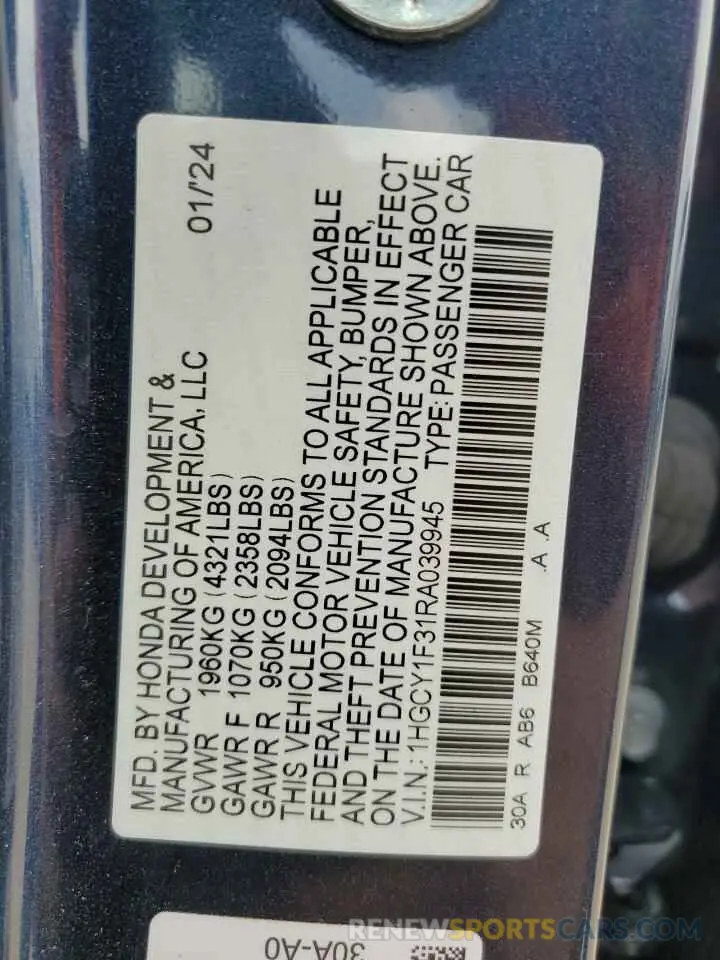 12 Фотография поврежденного автомобиля 1HGCY1F31RA039945 HONDA ACCORD 2024