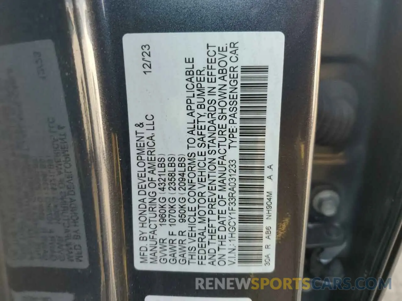 12 Фотография поврежденного автомобиля 1HGCY1F33RA031233 HONDA ACCORD 2024