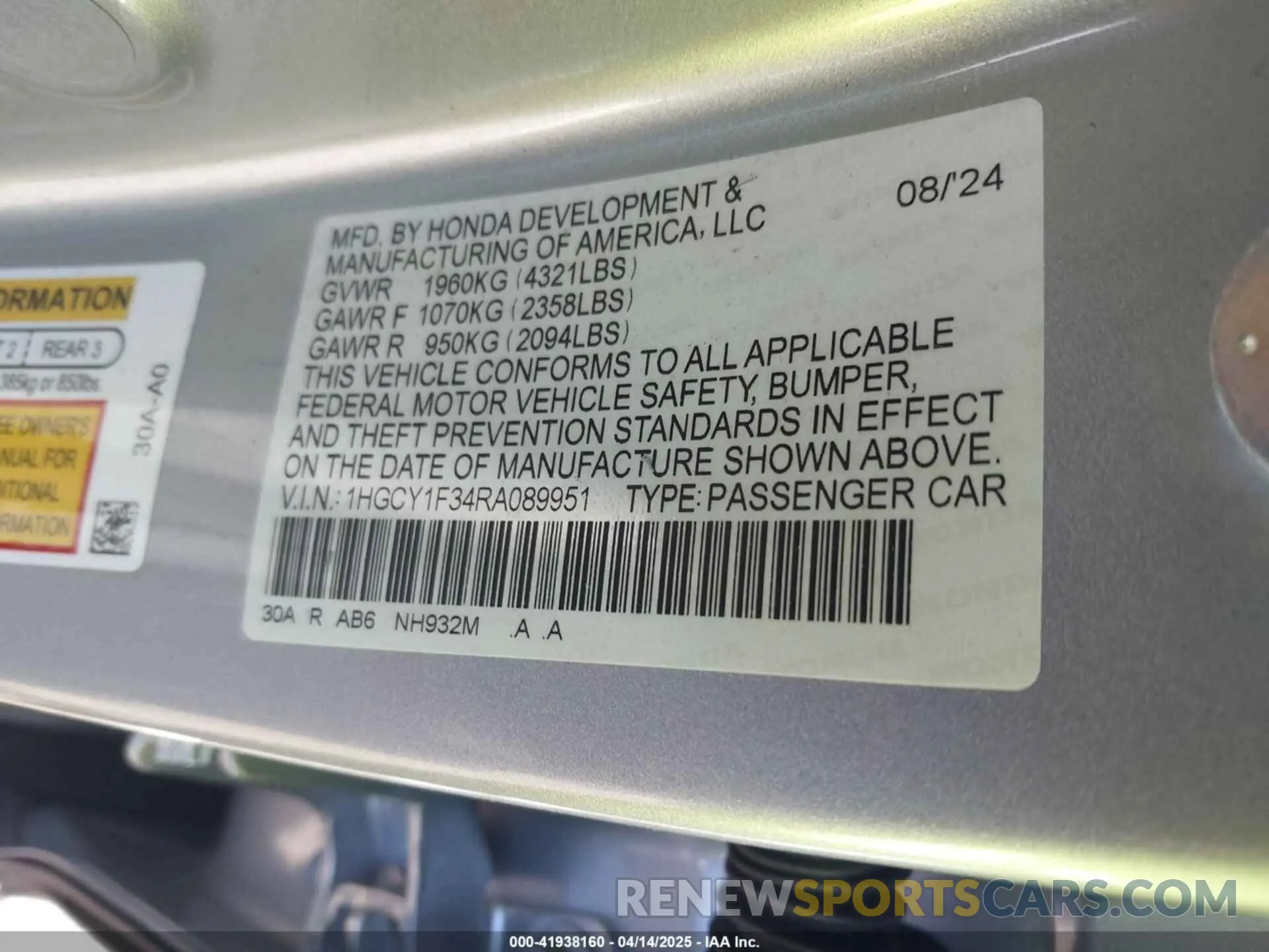 9 Фотография поврежденного автомобиля 1HGCY1F34RA089951 HONDA ACCORD 2024