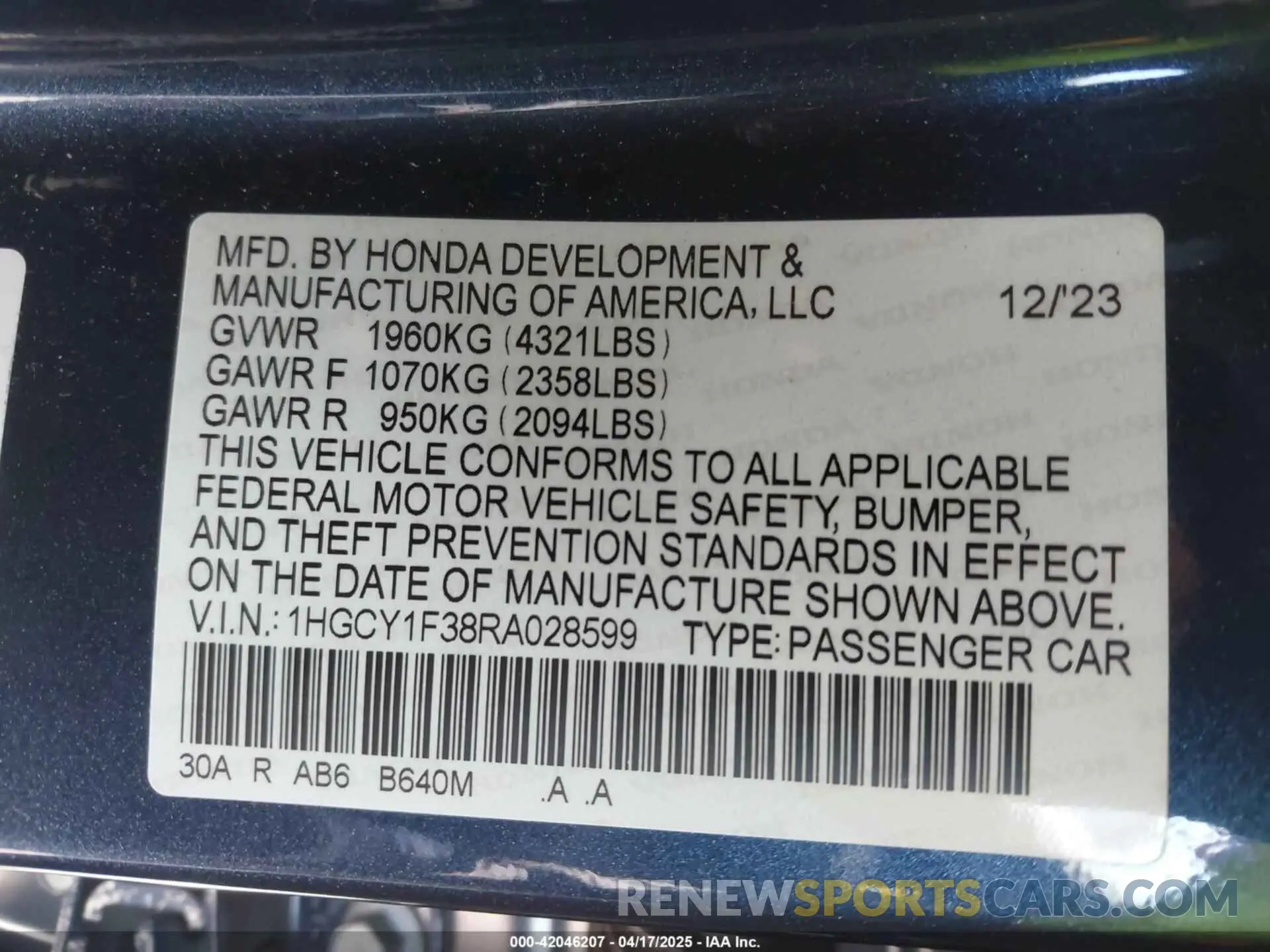 9 Photograph of a damaged car 1HGCY1F38RA028599 HONDA ACCORD 2024