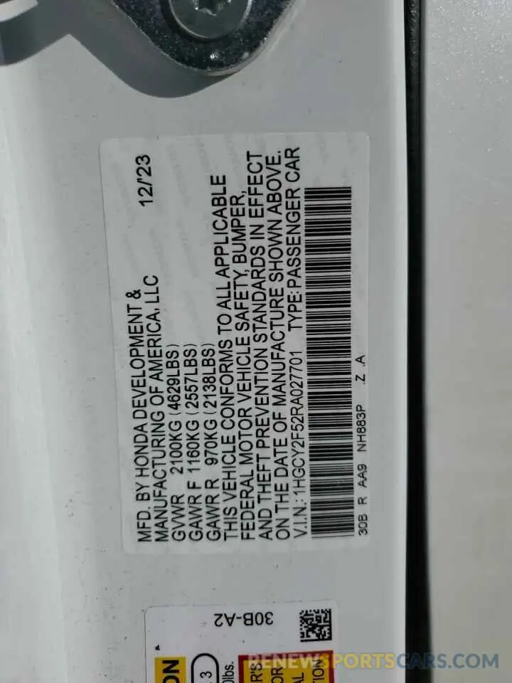 14 Photograph of a damaged car 1HGCY2F52RA027701 HONDA ACCORD 2024