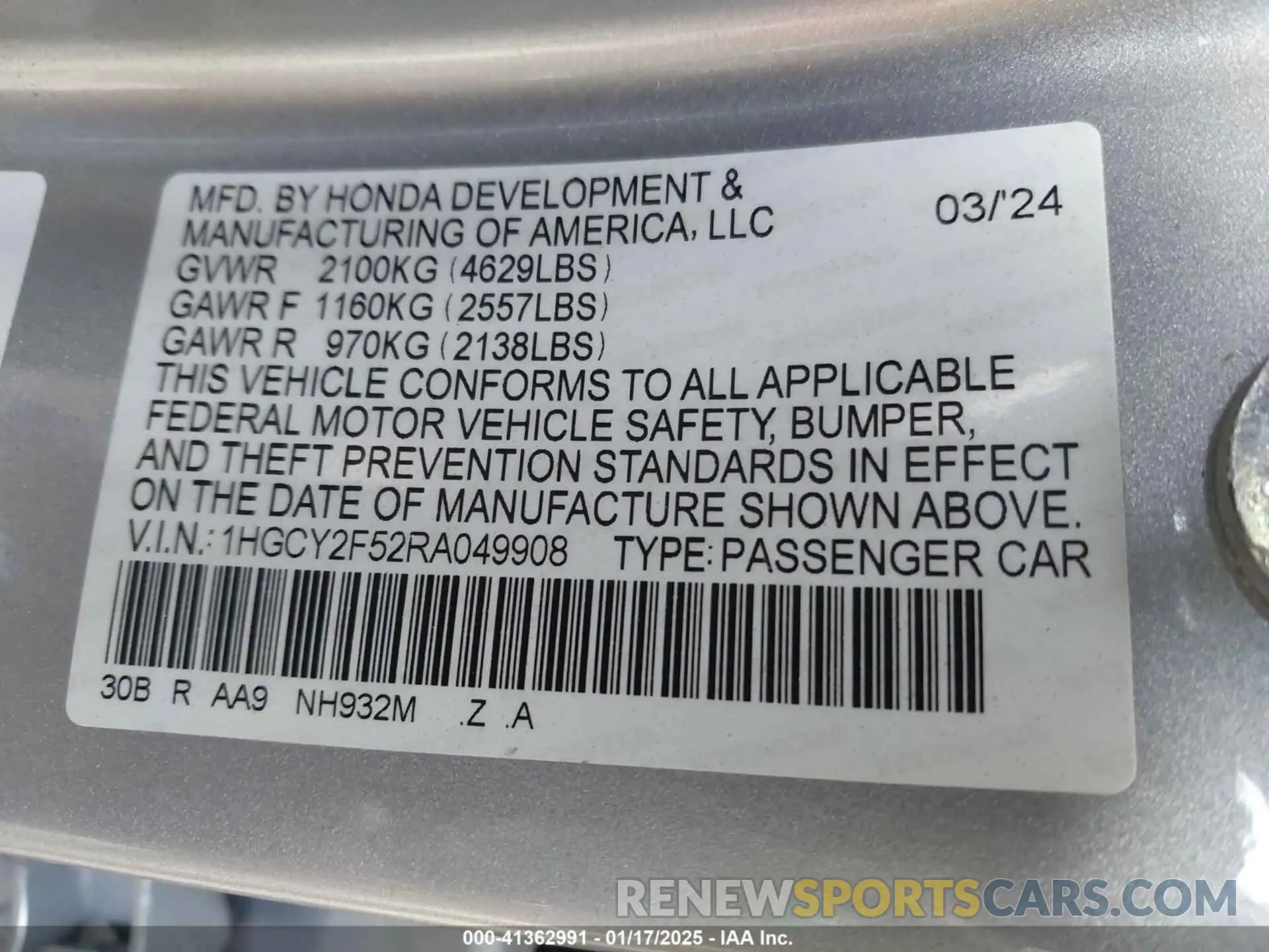 9 Photograph of a damaged car 1HGCY2F52RA049908 HONDA ACCORD 2024