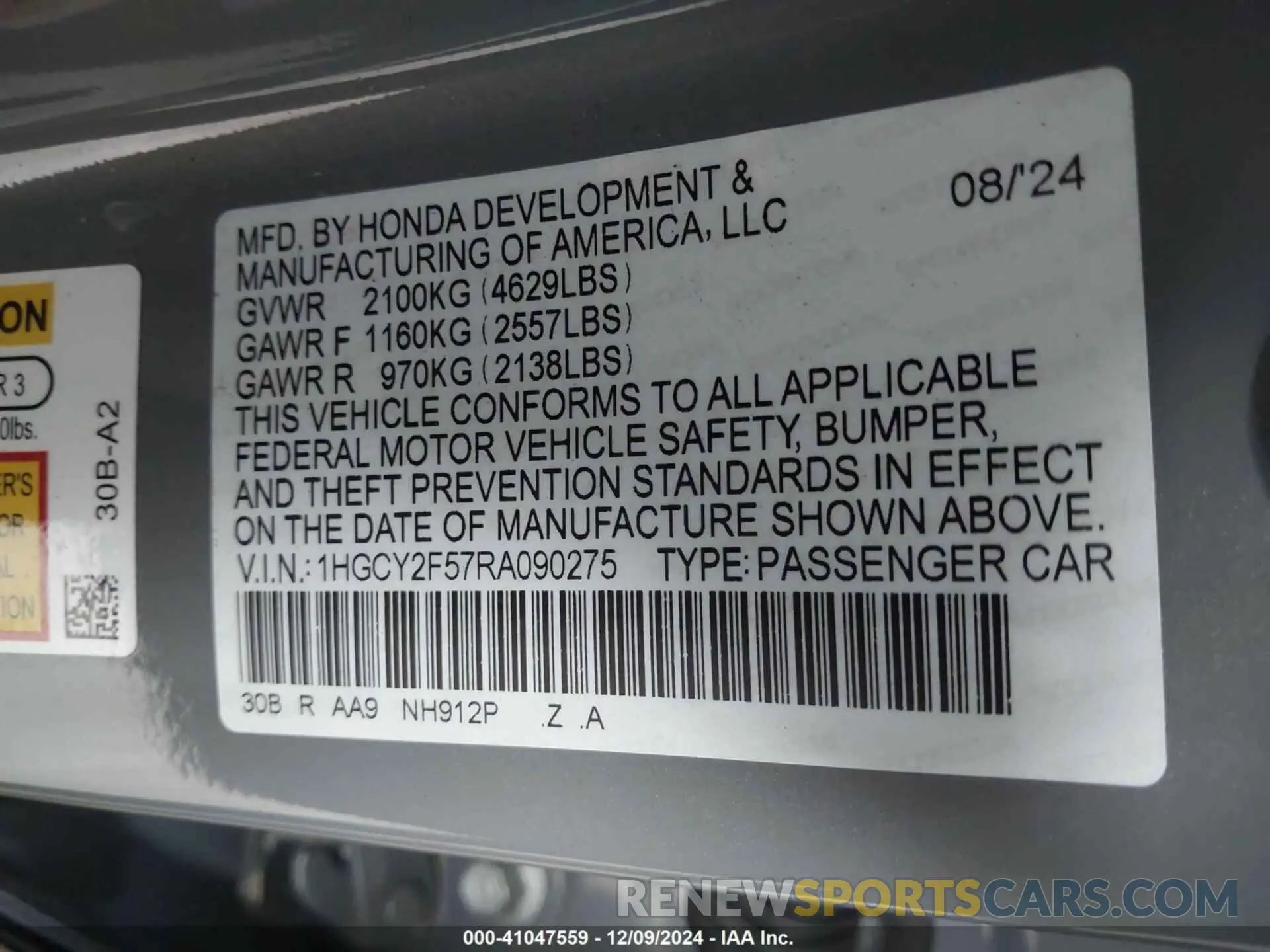 9 Photograph of a damaged car 1HGCY2F57RA090275 HONDA ACCORD 2024
