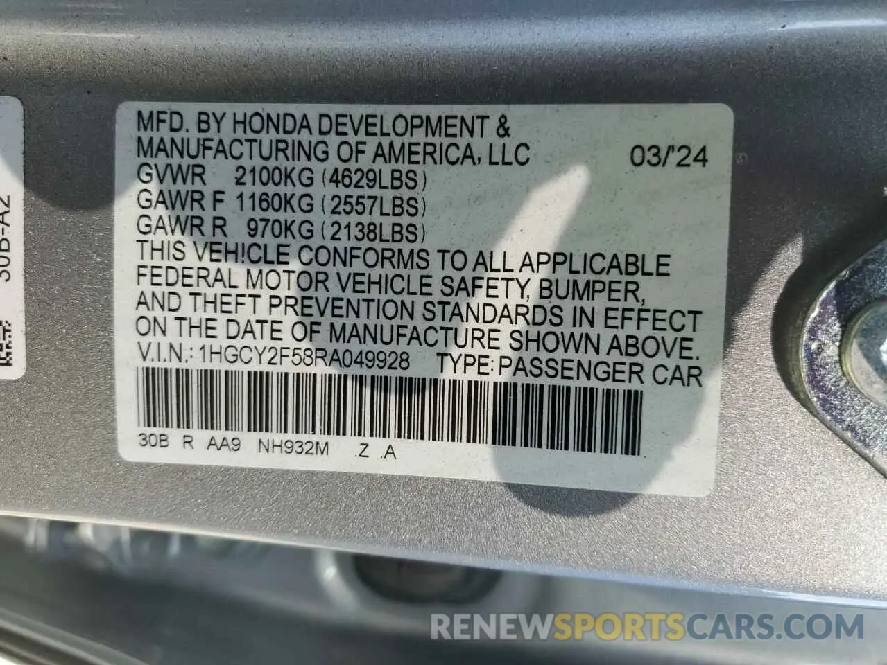 12 Photograph of a damaged car 1HGCY2F58RA049928 HONDA ACCORD 2024