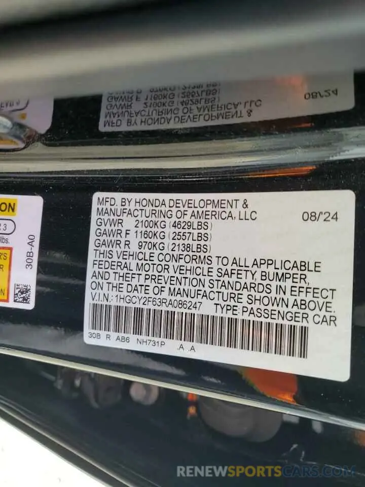 12 Фотография поврежденного автомобиля 1HGCY2F63RA086247 HONDA ACCORD 2024