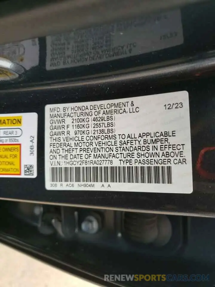 14 Фотография поврежденного автомобиля 1HGCY2F81RA027778 HONDA ACCORD 2024