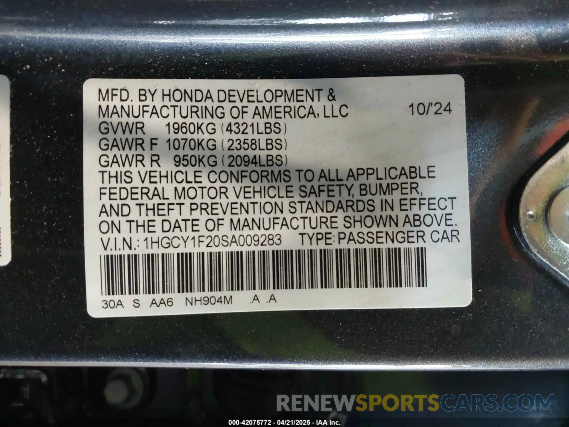9 Photograph of a damaged car 1HGCY1F20SA009283 HONDA ACCORD 2025