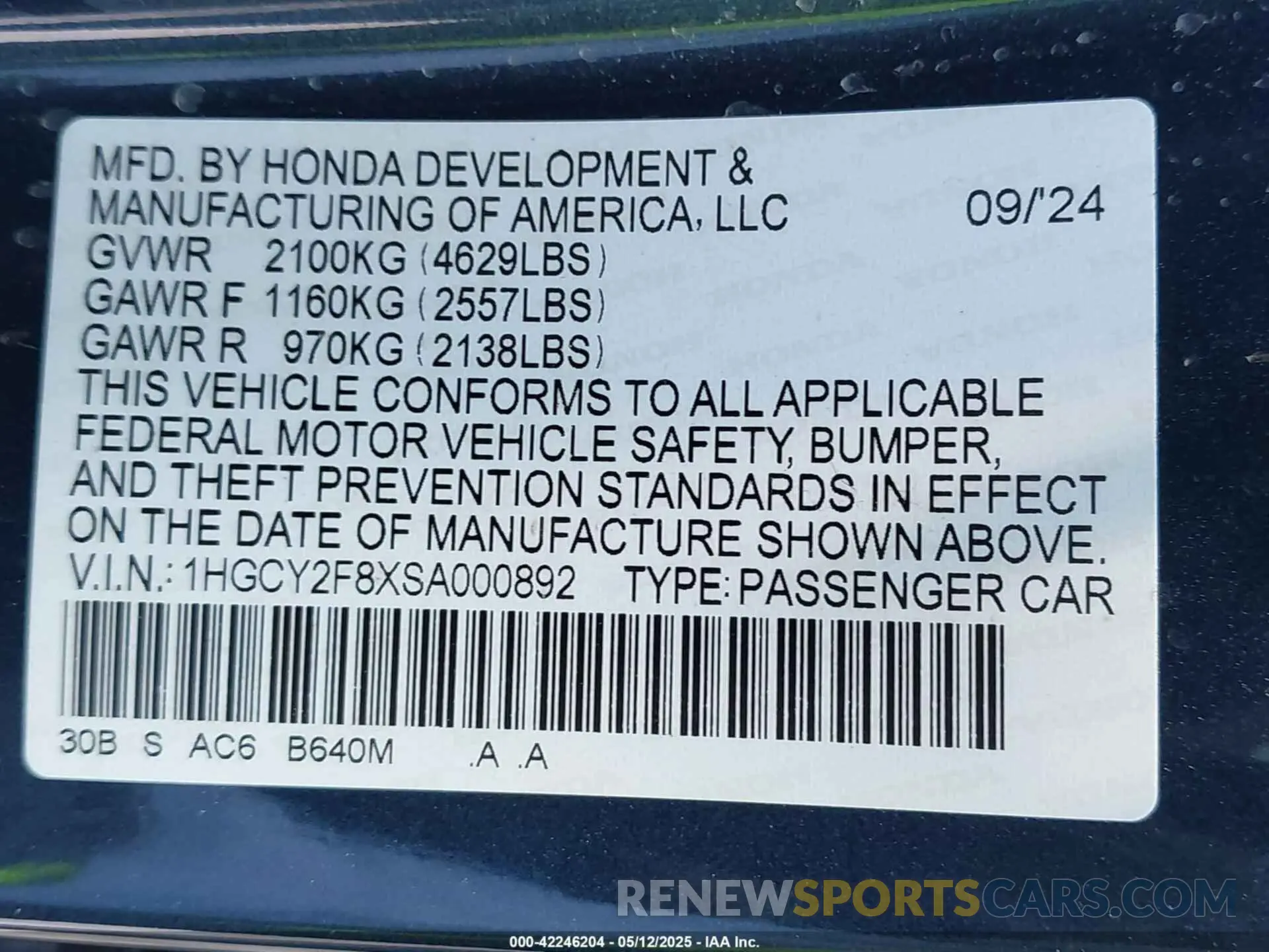 9 Photograph of a damaged car 1HGCY2F8XSA000892 HONDA ACCORD 2025