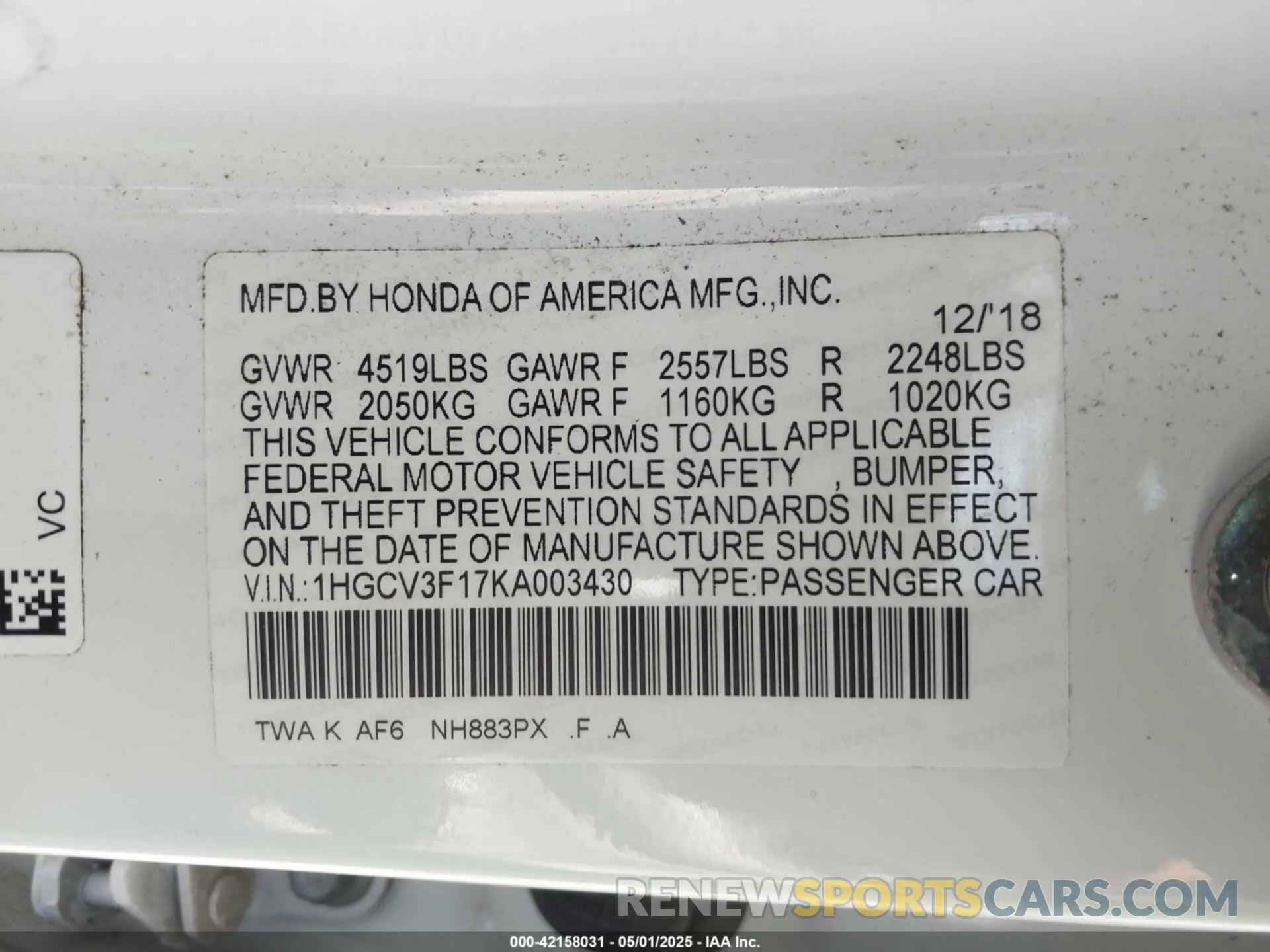 9 Photograph of a damaged car 1HGCV3F17KA003430 HONDA ACCORD HYBRID 2019