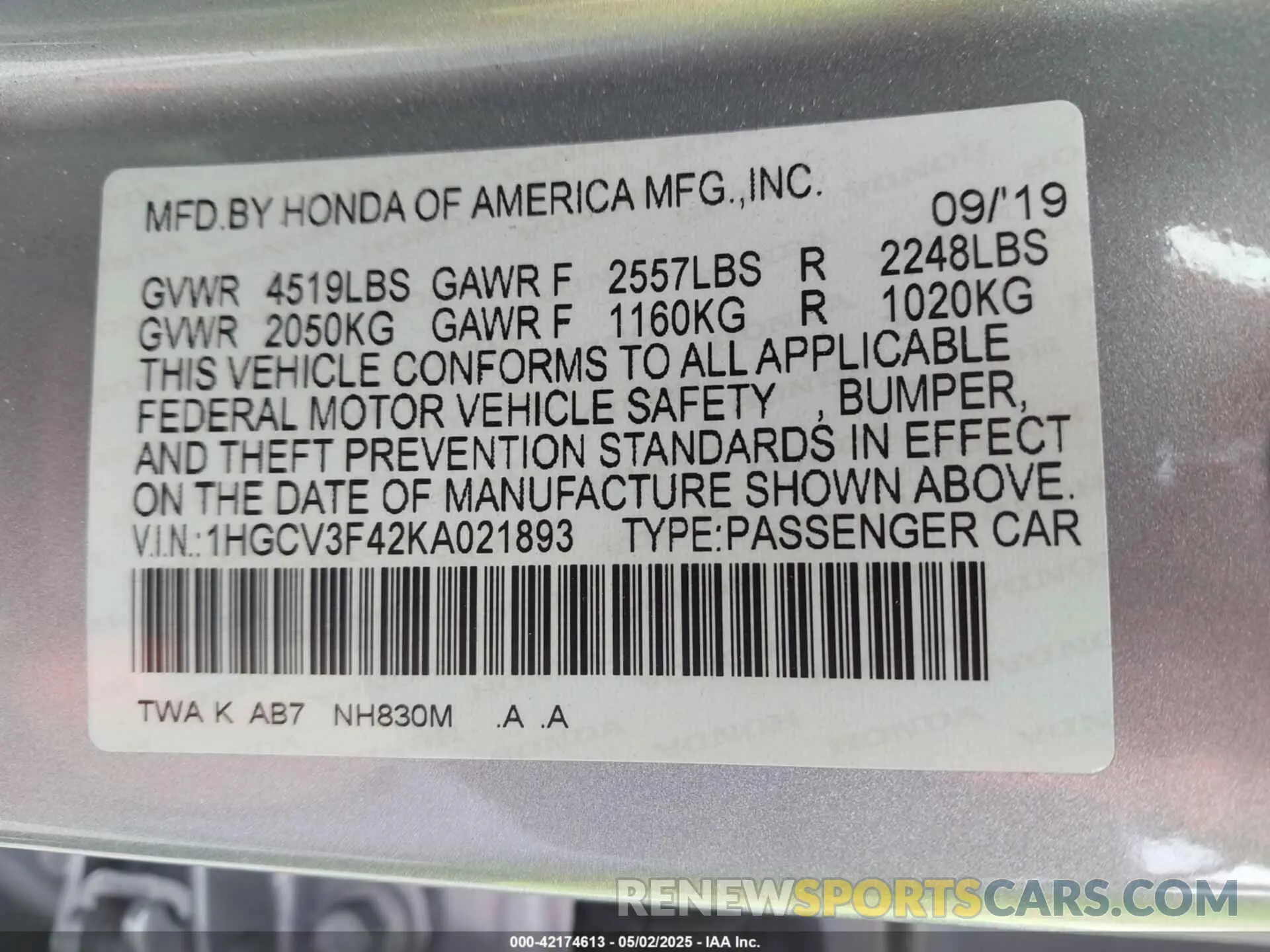 9 Photograph of a damaged car 1HGCV3F42KA021893 HONDA ACCORD HYBRID 2019