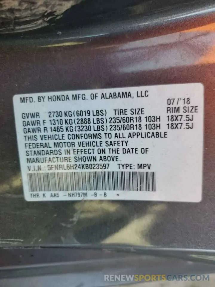 14 Photograph of a damaged car 5FNRL6H24KB023597 HONDA All Models 2019