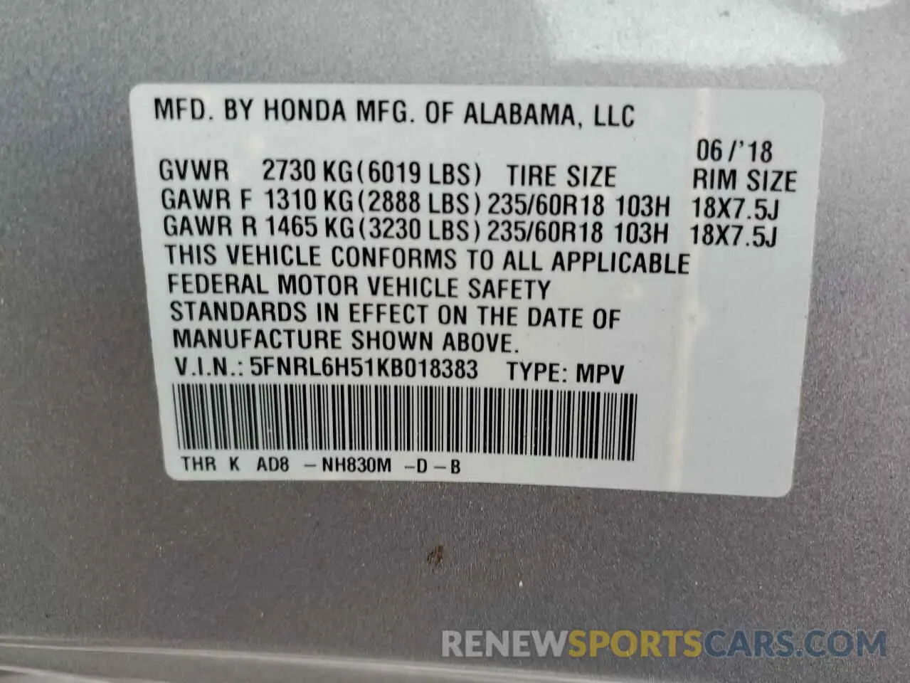 15 Photograph of a damaged car 5FNRL6H51KB018383 HONDA All Models 2019