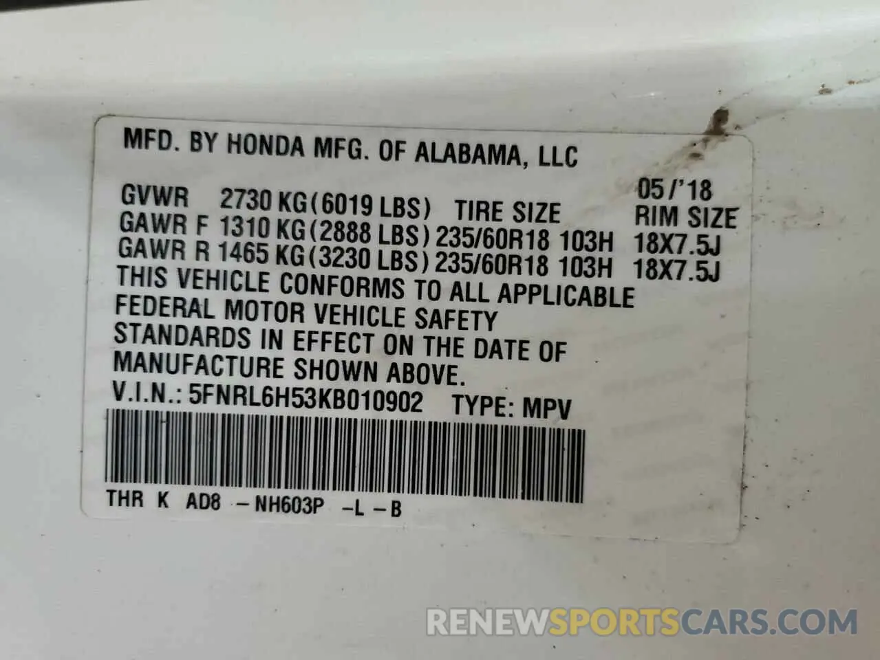 14 Photograph of a damaged car 5FNRL6H53KB010902 HONDA All Models 2019