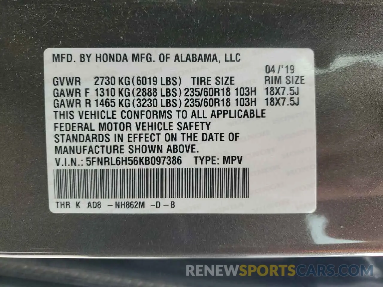 14 Photograph of a damaged car 5FNRL6H56KB097386 HONDA All Models 2019