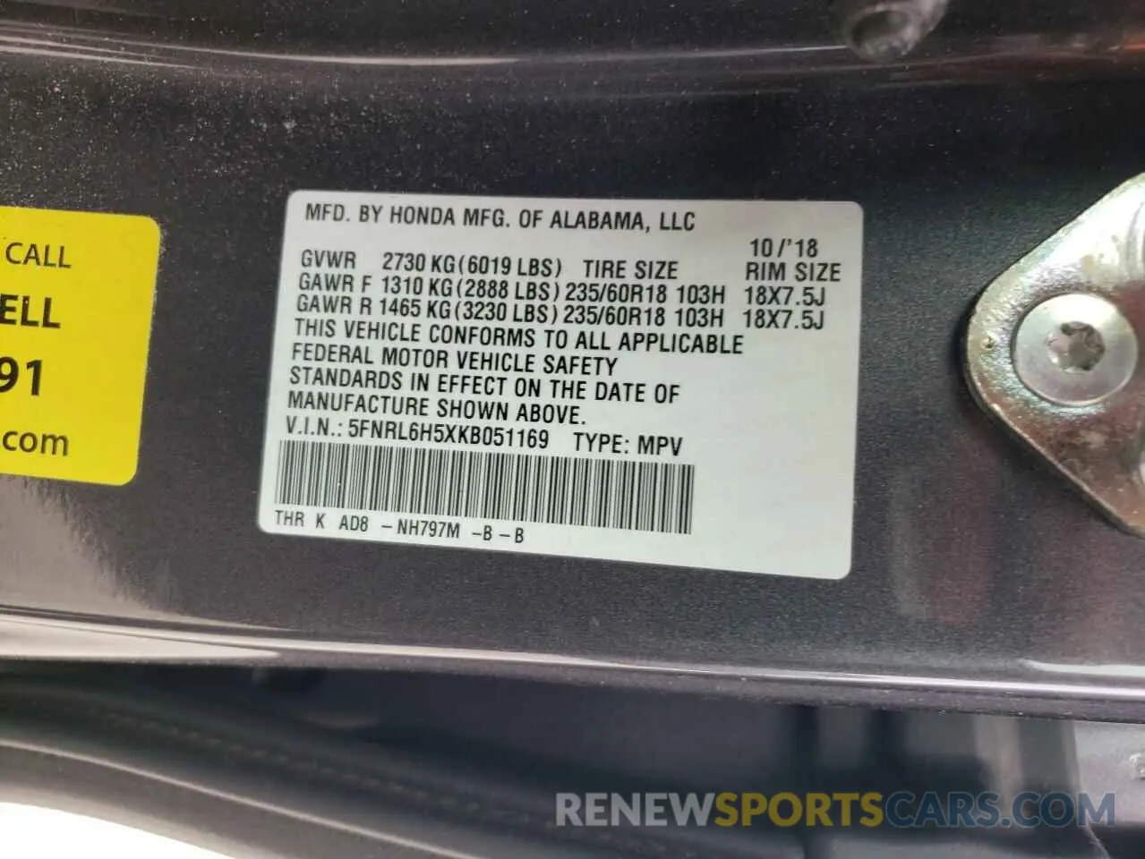 12 Фотография поврежденного автомобиля 5FNRL6H5XKB051169 HONDA All Models 2019