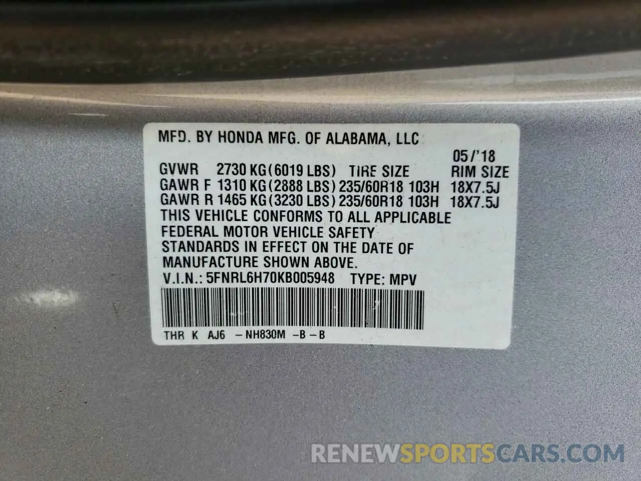 13 Photograph of a damaged car 5FNRL6H70KB005948 HONDA All Models 2019