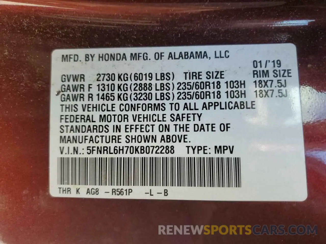 14 Photograph of a damaged car 5FNRL6H70KB072288 HONDA All Models 2019