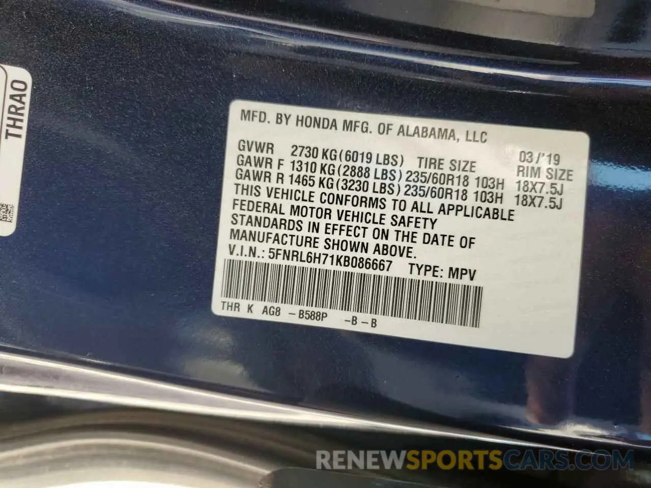 13 Photograph of a damaged car 5FNRL6H71KB086667 HONDA All Models 2019