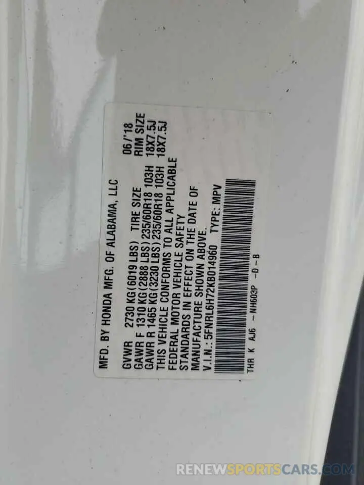 13 Фотография поврежденного автомобиля 5FNRL6H72KB014960 HONDA All Models 2019