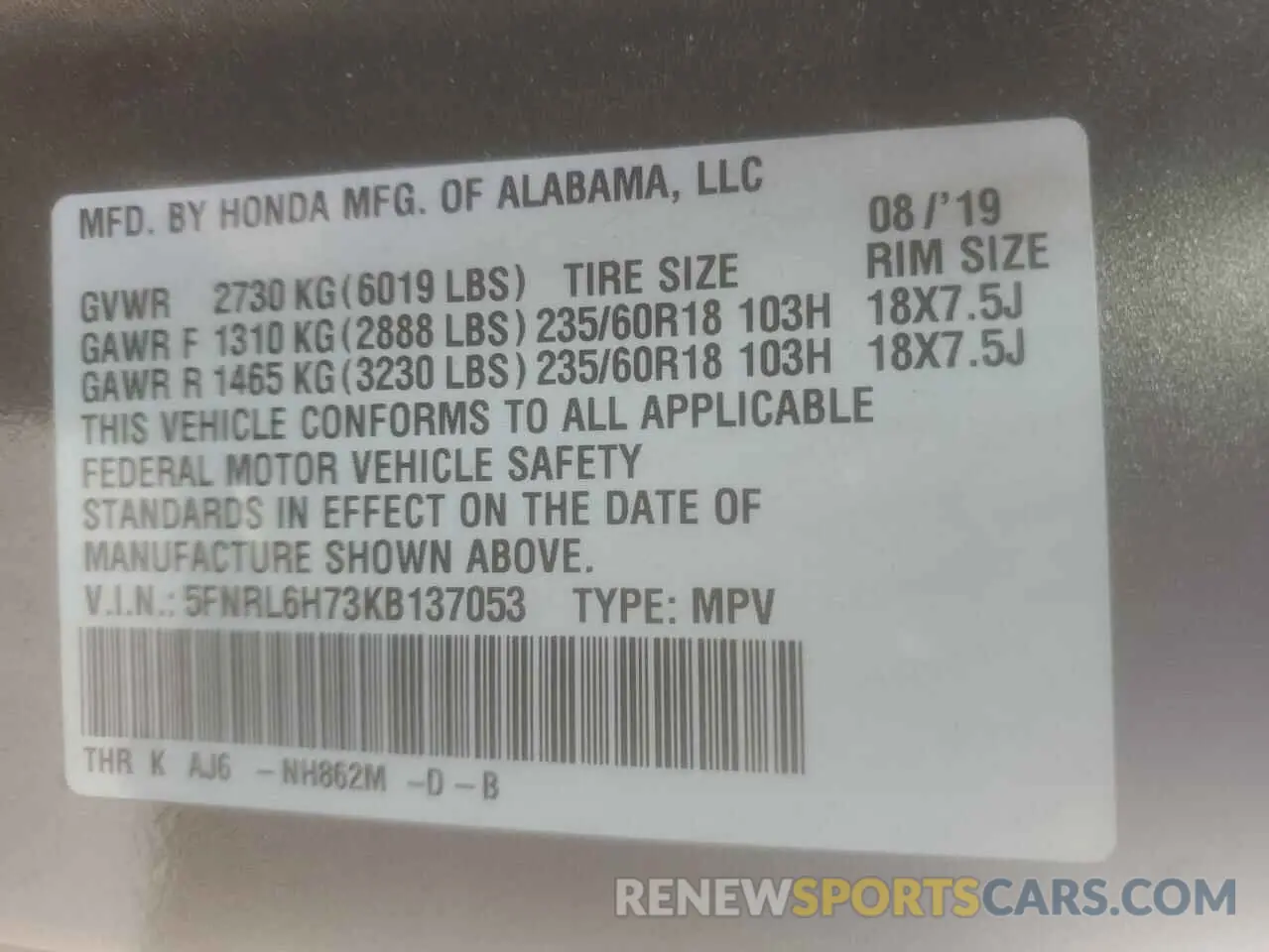 13 Фотография поврежденного автомобиля 5FNRL6H73KB137053 HONDA All Models 2019