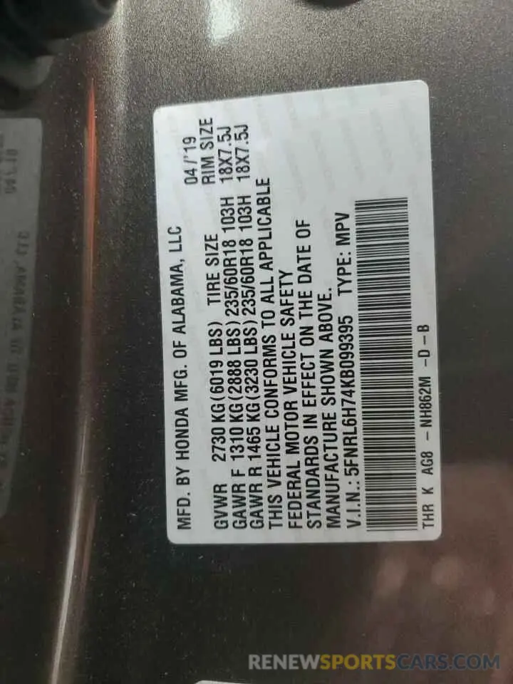 14 Фотография поврежденного автомобиля 5FNRL6H74KB099395 HONDA All Models 2019