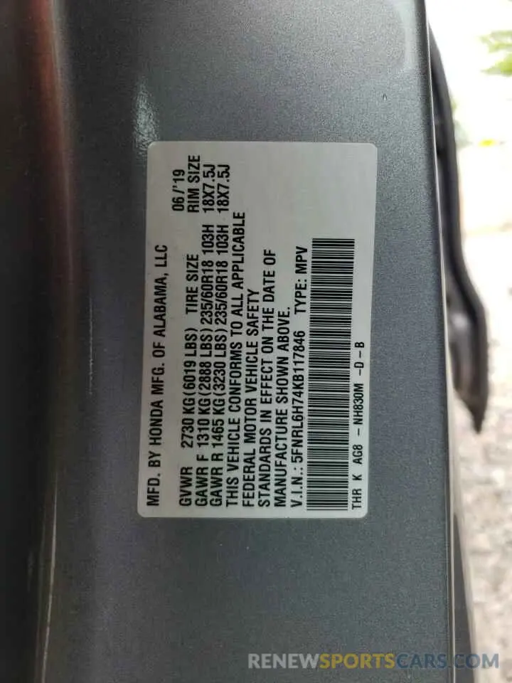 14 Фотография поврежденного автомобиля 5FNRL6H74KB117846 HONDA All Models 2019