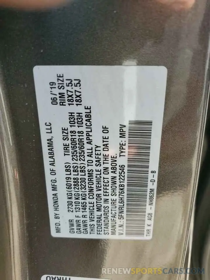13 Photograph of a damaged car 5FNRL6H76KB122546 HONDA All Models 2019