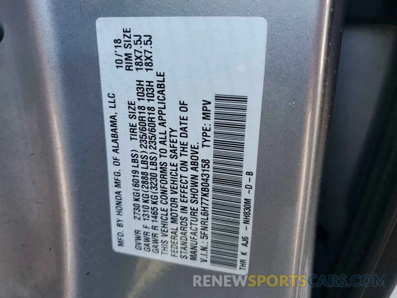 13 Фотография поврежденного автомобиля 5FNRL6H77KB043158 HONDA All Models 2019