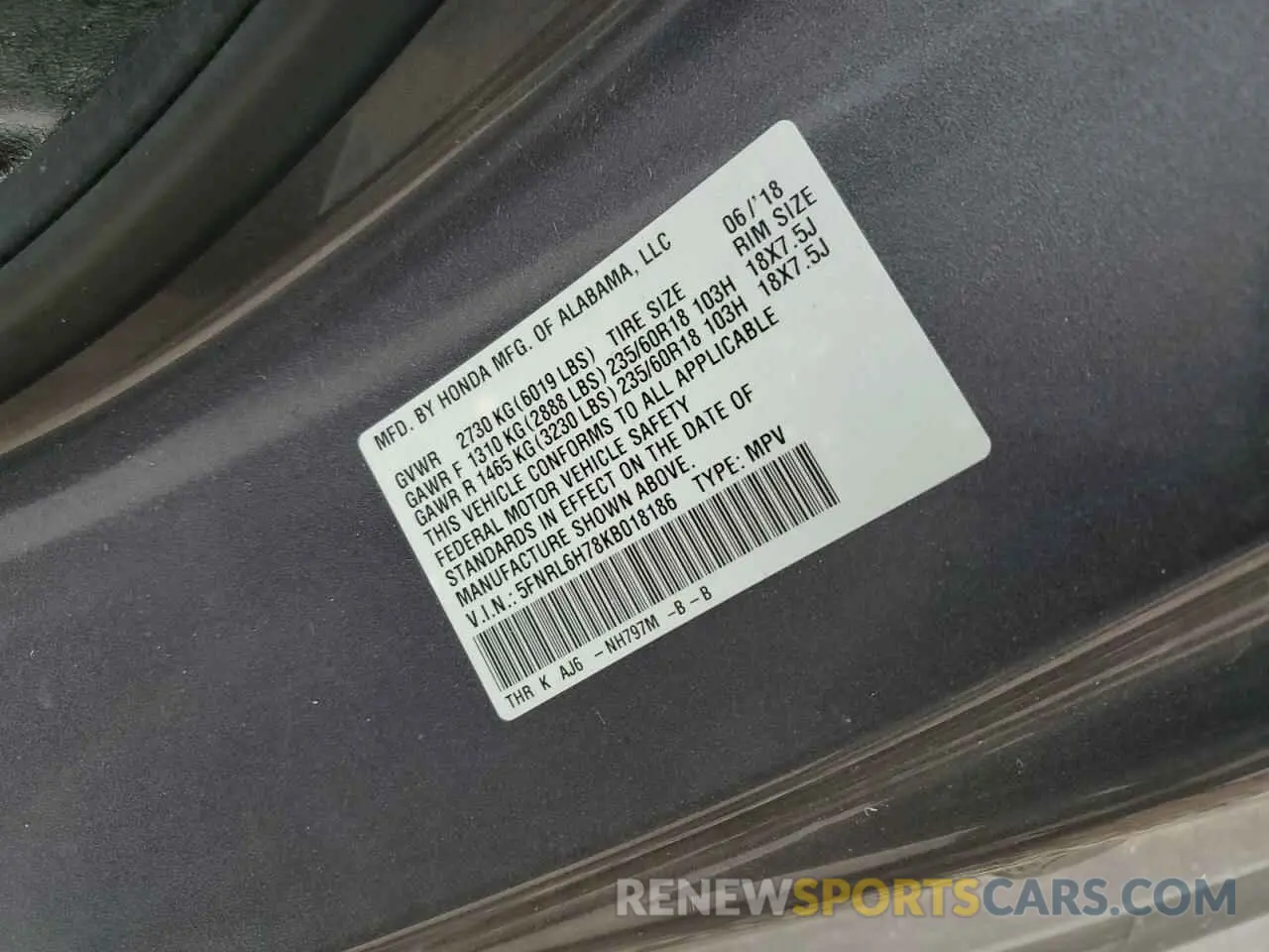 13 Photograph of a damaged car 5FNRL6H78KB018186 HONDA All Models 2019
