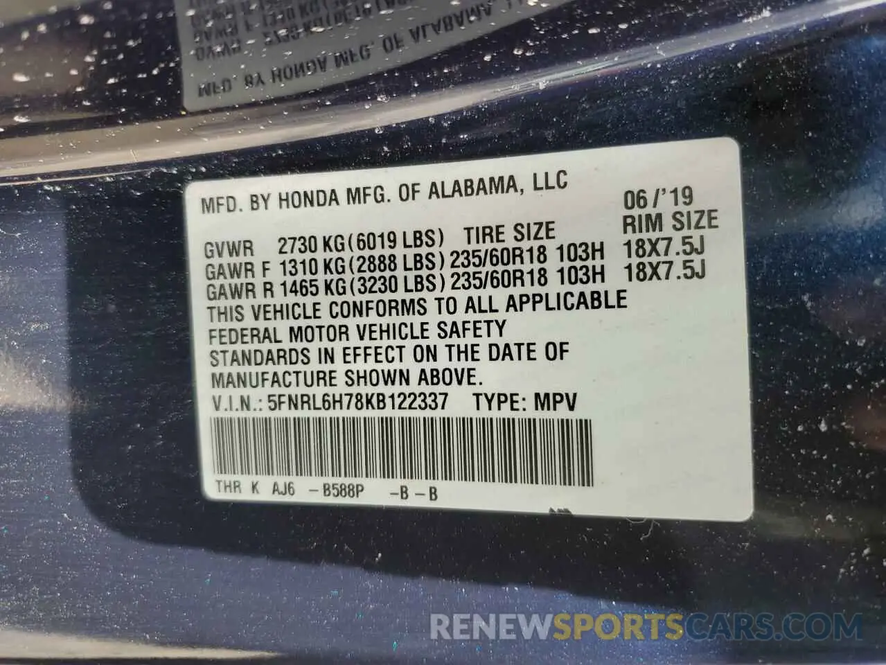 14 Photograph of a damaged car 5FNRL6H78KB122337 HONDA All Models 2019
