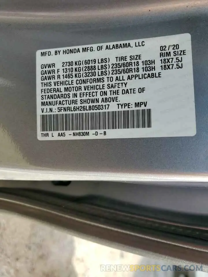 13 Photograph of a damaged car 5FNRL6H26LB050317 HONDA All Models 2020