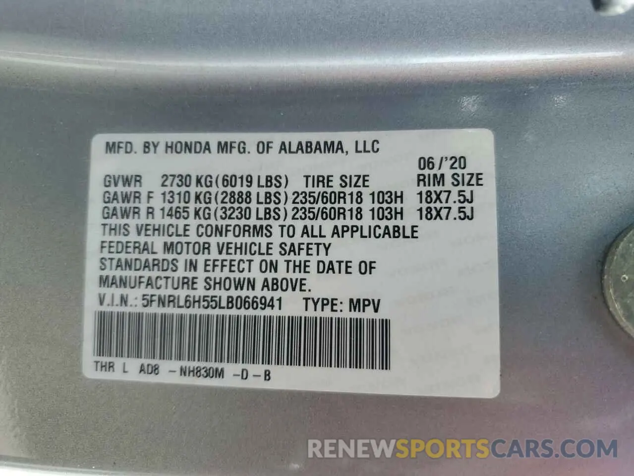 14 Photograph of a damaged car 5FNRL6H55LB066941 HONDA All Models 2020