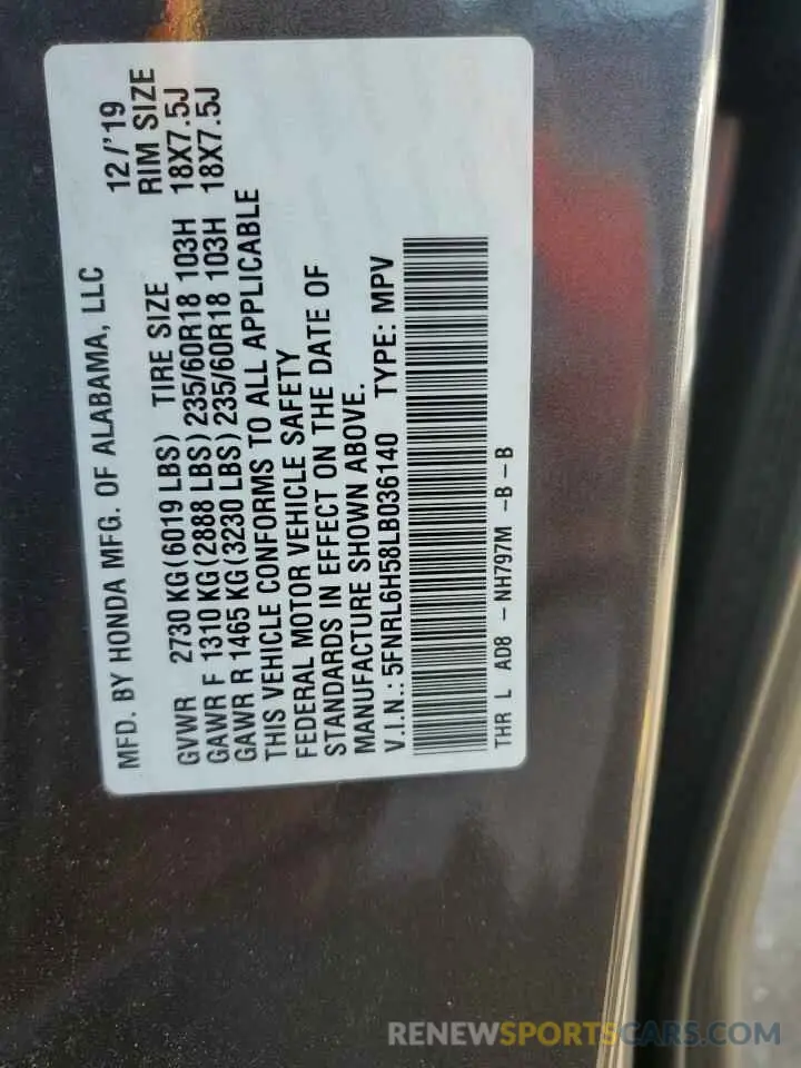 14 Photograph of a damaged car 5FNRL6H58LB036140 HONDA All Models 2020