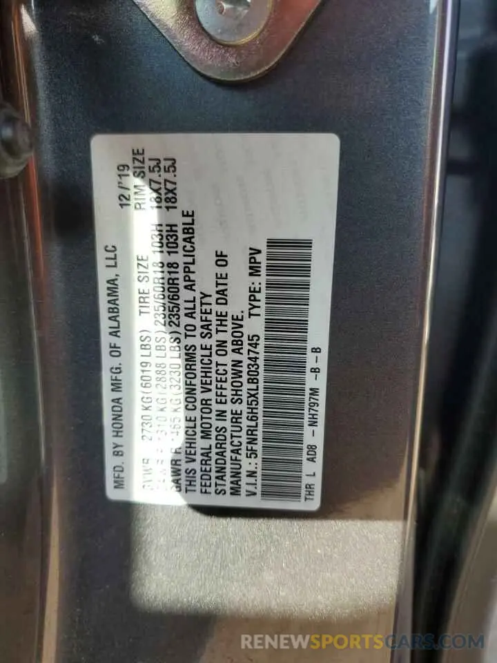 13 Фотография поврежденного автомобиля 5FNRL6H5XLB034745 HONDA All Models 2020